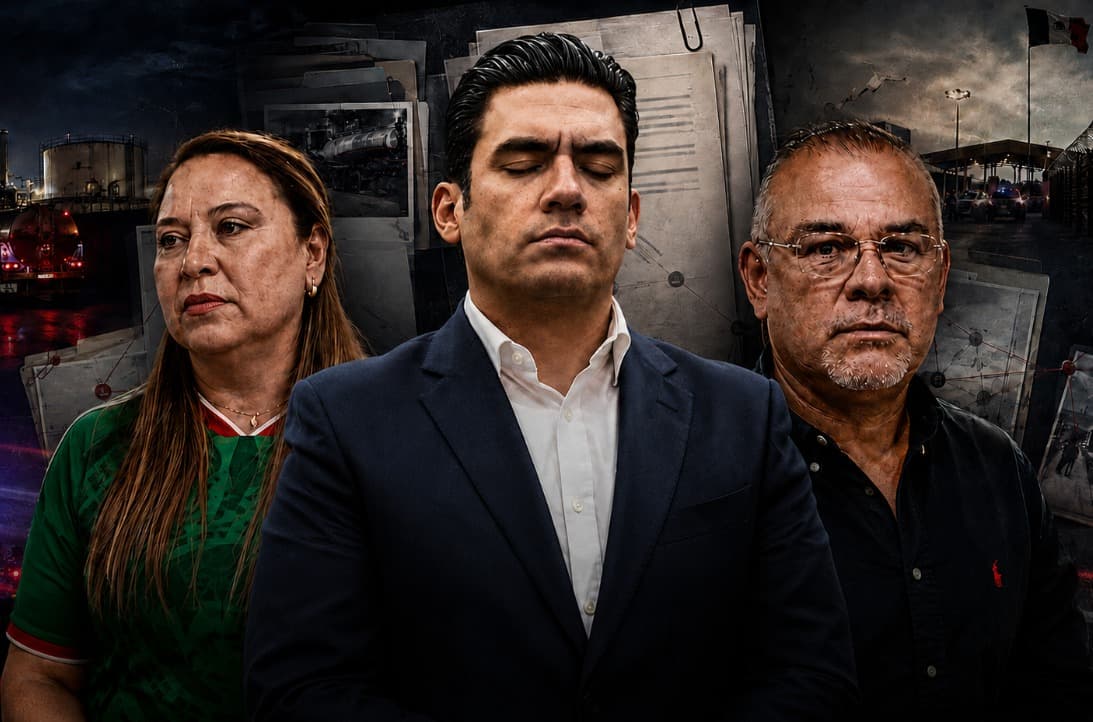 Gloria Garza Jiménez, César "Truko" Verástegui Ostos y un tercer hombre con expresión seria, con documentos y fotografías de