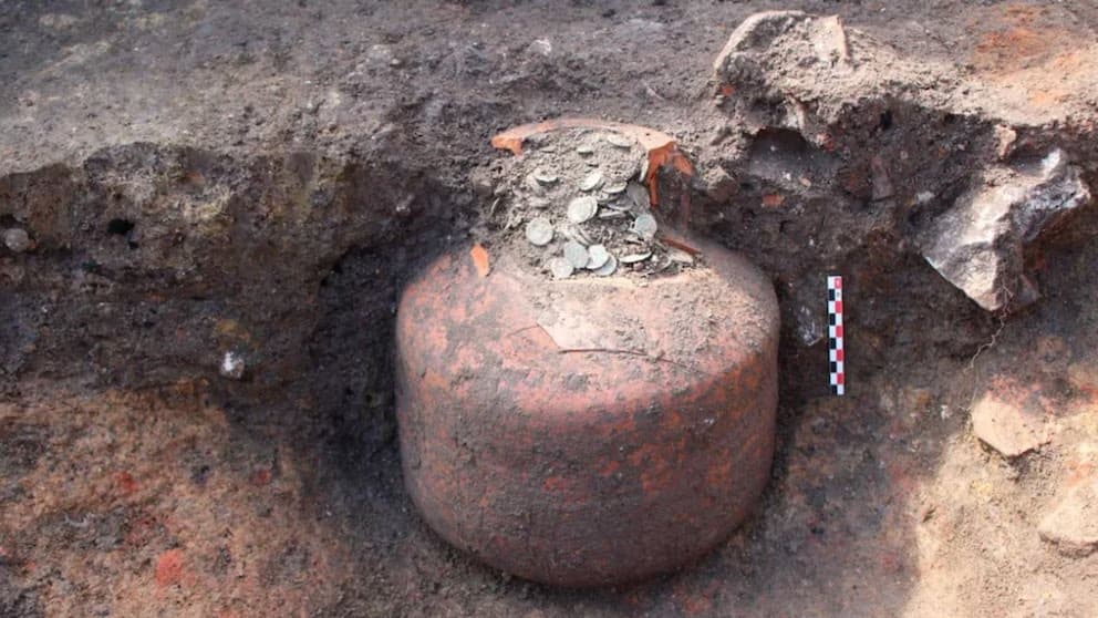 Vasija descubierta en excavación en Senon, Francia, con más de 40 mil monedas romanas enterradas durante 1,800 años.
