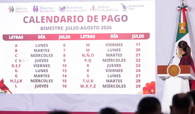 Calendario de pago para pensiones y programas de bienestar del bimestre julio-agosto 2026, presentado en conferencia de prensa.