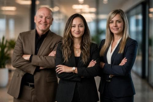 Tres profesionales de pie en un entorno de oficina moderna, mostrando confianza y colaboración, representando a TEAM