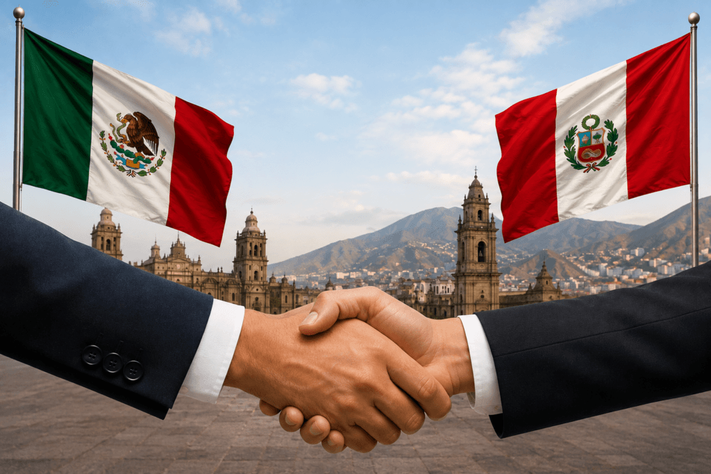 Dos manos se estrechan en un apretón de manos frente a las banderas de México y Perú, simbolizando la reanudación de relaciones diplomáticas.