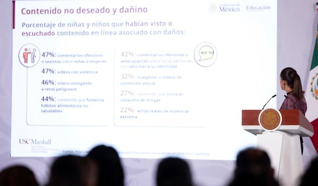 Claudia Sheinbaum presenta estadísticas sobre contenido no deseado en línea durante conferencia en Palacio Nacional, Ciudad de México.