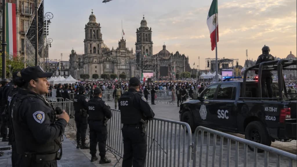 Policías de la SSC resguardan el Zócalo de la CDMX durante las celebraciones del Grito de Independencia, con público y patrullas de fondo.