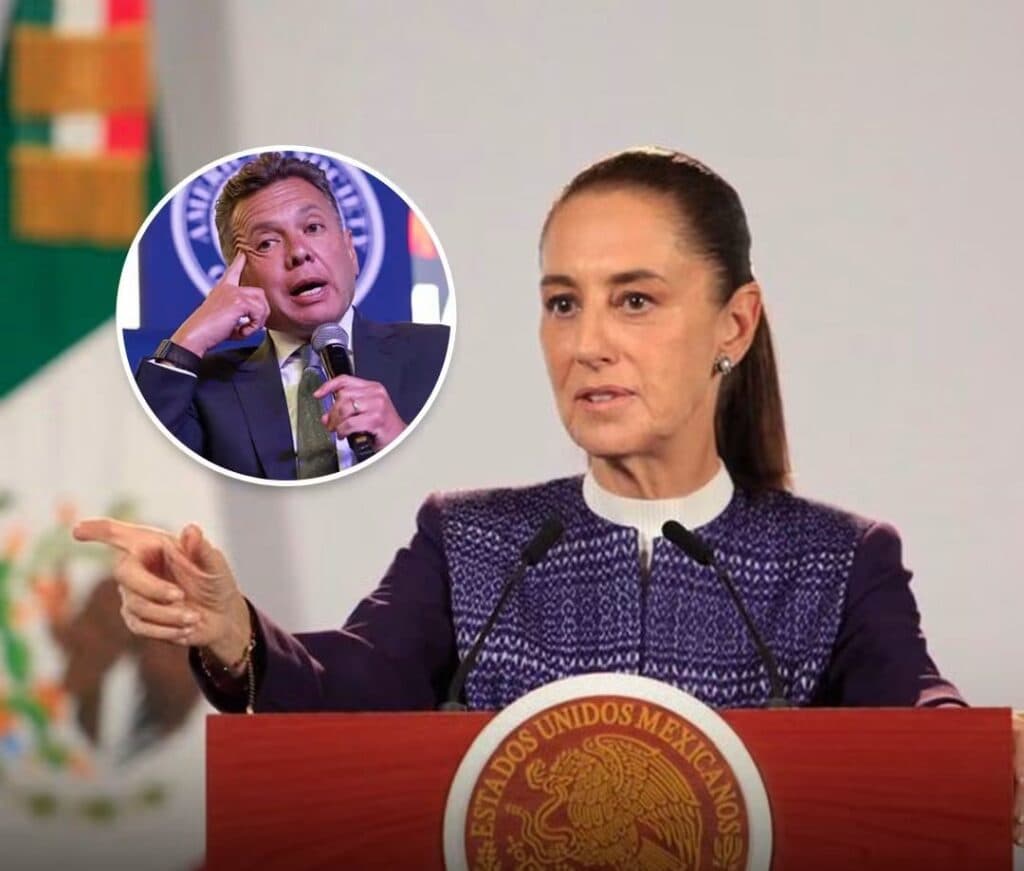 Claudia Sheinbaum durante una conferencia, señalando mientras se discute el plan de Lemus sobre el agua en Jalisco.