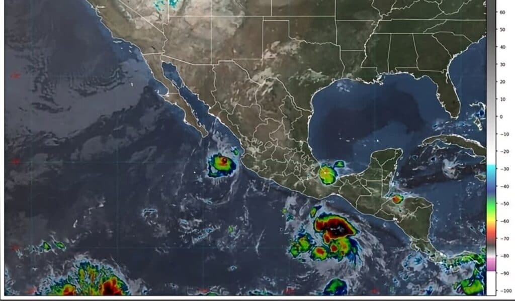 Mapa satelital del océano Pacífico mostrando la trayectoria de la tormenta tropical Trudy y otros fenómenos meteorológicos