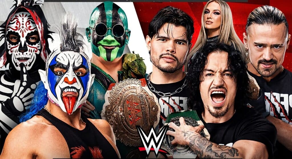 Luchadores mexicanos en un cartel promocional de WWE, destacando a Los Perros del Mal y sus oponentes, La Parka, Mr. Iguana y Psycho Clown.