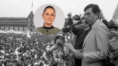 Claudia Sheinbaum en un evento político, mientras Cuauhtémoc Cárdenas habla ante una multitud en el Zócalo de la Ciudad de México.
